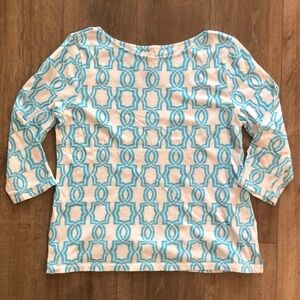 CHICO’S Stylish Aqua Blue and White 100% Cotton Women's Top